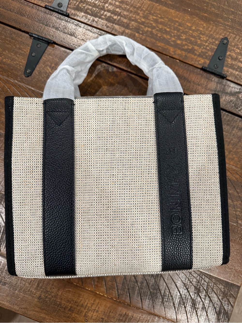New Bon Maxie Micro Purse Tote Grey Jute with Black Leather Straps